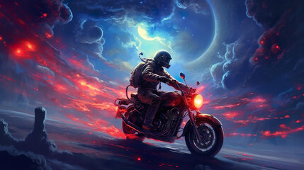 Galactic Rider: Astronaut Motorcyclist in a Moody Landscape made with Generative AI