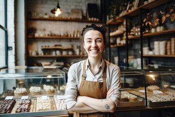 Happy small pastry shop owner, smiling proudly at her store. Cheerful female baker working at her shop - obrazy, fototapety, plakaty