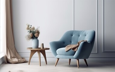 Wall mock up in warm tones with blue armchair on white wall background