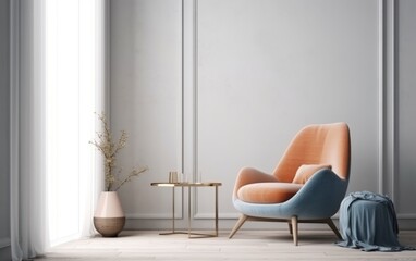 Wall mock up in warm tones with blue armchair on white wall background