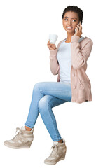 Portrait of a Woman Talking on the Phone and Holding a Mug