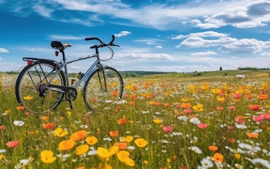 Naklejka premium spring summer natural landscape with a bicycle on a flowering meadow against