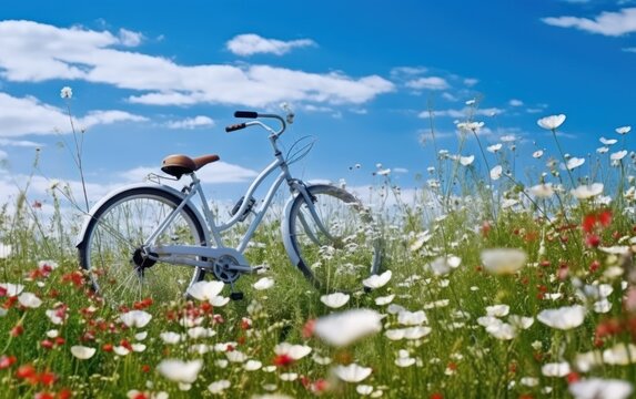 spring summer natural landscape with a bicycle on a flowering meadow against