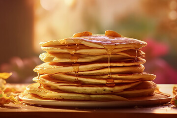 A stack of fluffy american pancakes with butter, honey or maple syrup dripping from the top, back light, rustic style. Generative IA technology - obrazy, fototapety, plakaty