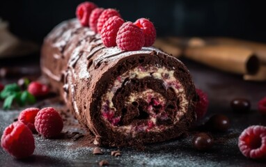 Fototapeta na wymiar Raspberry surprise chocolate cake roll