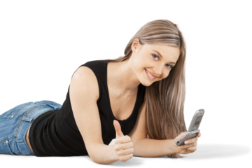 Smiling Woman Lying Down with Phone and Thumb Up - Isolated