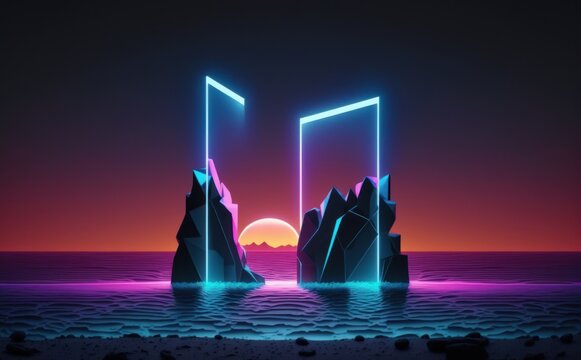 Abstract neon background with glowing geometric shapes and seascape terrain panoramic view