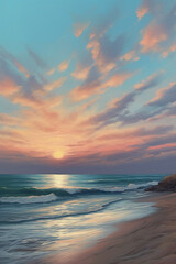 Fototapeta premium A tranquil beach scene at twilight, with soft pastel colors painting the sky and the gentle sound of waves lapping against the shore. AI generative