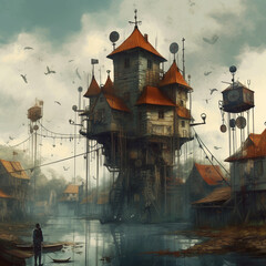 Fantasy scene with floating ornate buildings. Generative AI illustration.