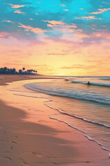 A tranquil beach scene at twilight, with soft pastel colors painting the sky and the gentle sound of waves lapping against the shore. AI generative