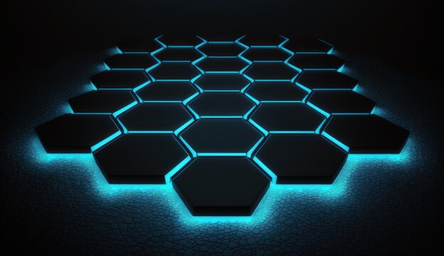 Minimalistic vantablack background, triangular neon light, vantablack hexagonal tiled floor