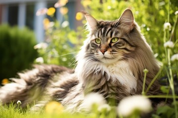 Naklejka na ściany i meble Long haired tabby cat enjoying summer outside