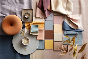 Interior design mood board with fabric and paint swatches - obrazy, fototapety, plakaty
