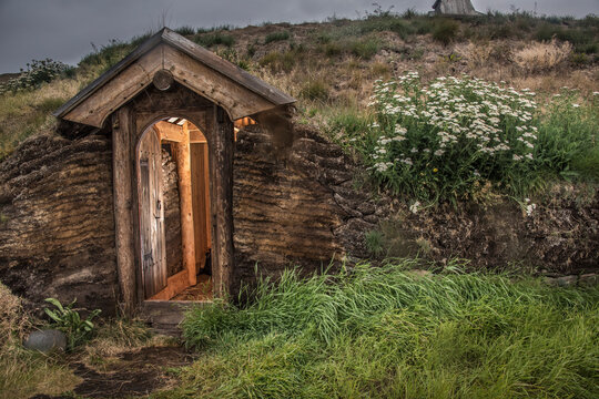 Entrance to longhouse at Brattahlid, reconstruction of Eric the Red Settlement, Southern Greenland