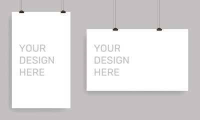 Two asymmetrical paper sheet frames on cracked and wall background. Realistic blank paper sheets hanging on binder clip. White poster with shadow. Design template, mockup. Isolated vector illustration