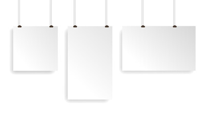 Realistic blank paper sheets hanging on binder clip. White poster with shadow. Design template, mockup. Vector illustration isolated on white background
