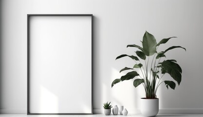 Empty  frame in modern minimalist interior with plant in trendy vase on white wall background