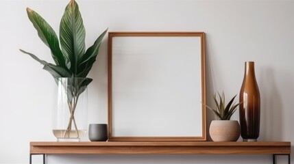 Empty  frame in modern minimalist interior with plant in trendy vase on white wall background