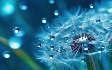 Dandelion Seeds in droplets of water on blue and turquoise beautiful background