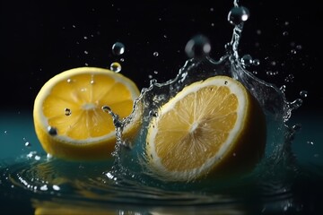 Refreshing Citrus Dive: Vibrant Lemon Slices Cascading into Water with Delightful Splashes, 
lemon, citrus, slices, water, splashes, refreshing, fruit, vibrant, yellow, healthy