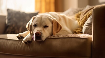 Cute fluffy Labrador Retriever laying on sofa at home