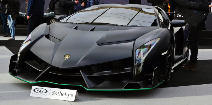 Paris, France - February 3, 2020: RM Sotheby's Paris 2020 at the Invalides in Paris. Focus on the lot 153 : black 2015 Lamborghini Veneno Roadster.
