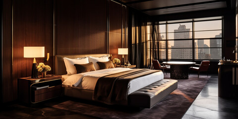 Schönes modernes Schlafzimmer in gold mit schwarzen Stil, ai generativ