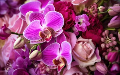 Fototapeta na wymiar Bright pink flowers bouquet closeup. Roses and orchids wallpaper