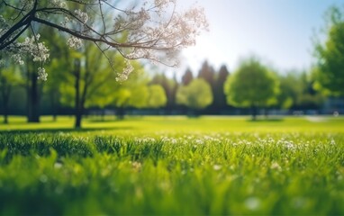 Spring nature with a neatly trimmed lawn surrounded by trees against a blue sky