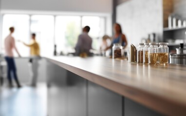 An empty kitchen counter worktop for product display. blurred people in the background