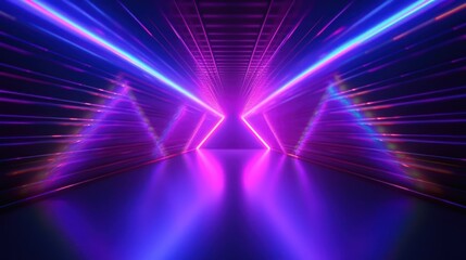 Fototapeta na wymiar abstract colorful neon background, triangular tunnel illuminated with ultraviolet light