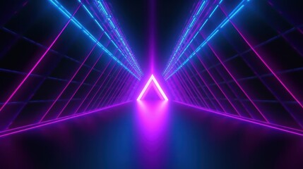abstract colorful neon background, triangular tunnel illuminated with ultraviolet light