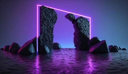 abstract ultraviolet background with cobblestones, black rocks and neon glowing geometric arch, liquid floor with reflection in the water, modern minimal showcase for product presentation