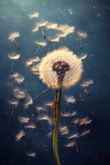 Dandelion seeds, tumbling through the air. AI generative