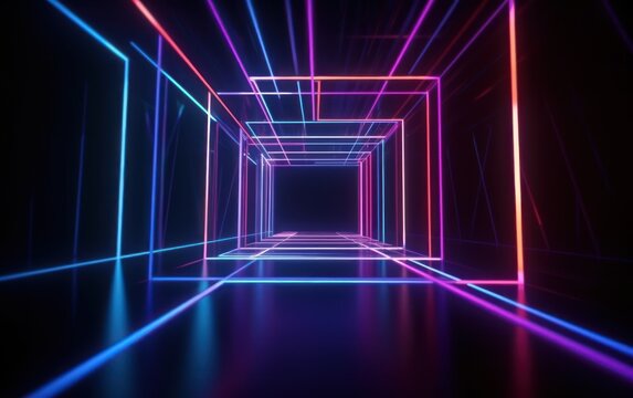 abstract geometric neon background with glowing square frame. Laser linear shape inside the dark tunnel