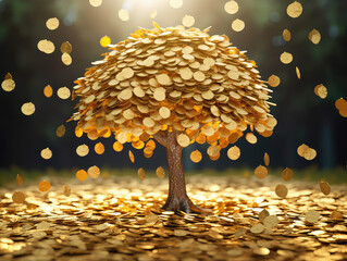 Money tree gold coin tree has coins fall on ground	
