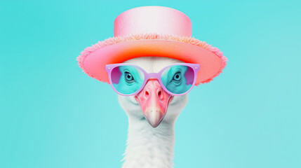 Portrait photo of baby flamingo wear sunglasses