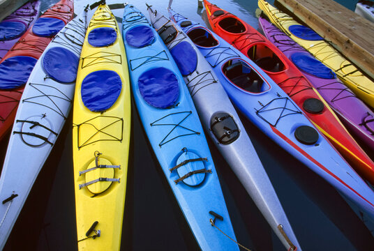 Group of colourful sea kayaks; Valdez, Alaska, United States of America