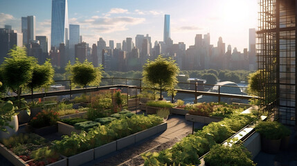 A rooftop garden oasis amidst a bustling city skyline, Generative AI