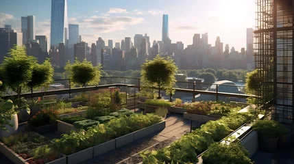 Deurstickers A rooftop garden oasis amidst a bustling city skyline, Generative AI © Hill Tract Zone