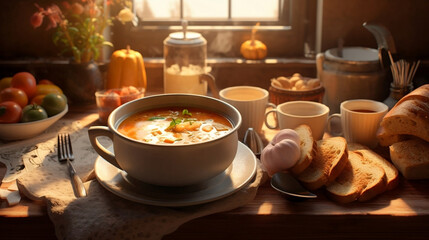 Bowl of soup and baked bread, Generative AI - obrazy, fototapety, plakaty