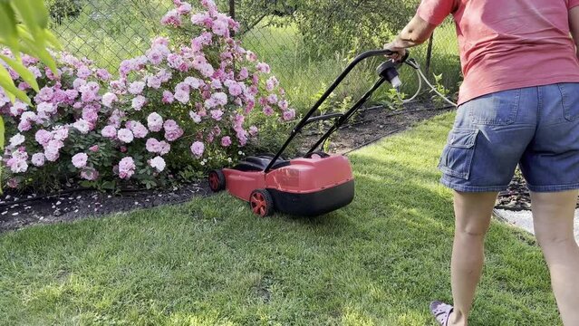 Woman gardener mows the grass on the lawn with an electric lawn mower.