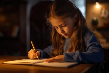 Fototapeta na wymiar Close-up shot of a girl writing on her brand new notebook. Generative AI