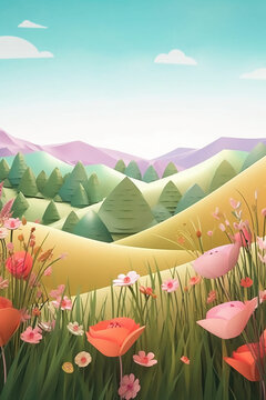 Papercraft style, grassy landscape, pastel colors, flowers, copyspace. AI generative