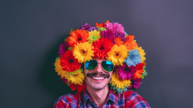 homem cômico com bigode e flores coloridas na cabeça