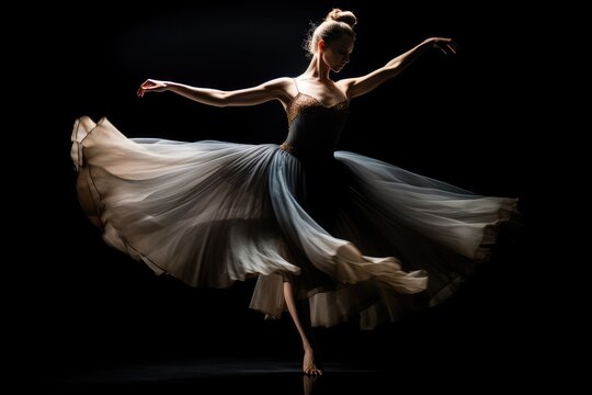 A dramatic and moody low key image of a ballerina in motion. Generative AI
