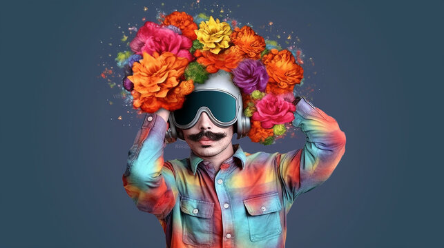 homem c&ocirc;mico com bigode e flores coloridas na cabe&ccedil;a 