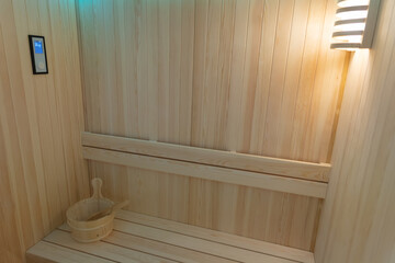 Empty not heated clean wooden finn sauna
