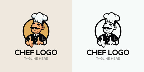 Smiling happy chef with mustache and thumbs up Happy chef cook in hat isolated on white logo template. Vector illustration.