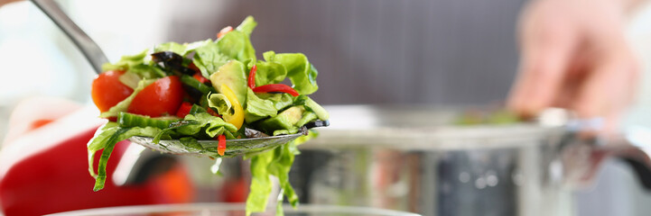 Chef served plate of fresh vegetable salad in kitchen. Preparing vegetarian vitamin salad